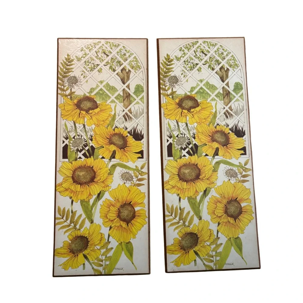 Vintage F Massa Sunflower Wall Art Plaques Pair Retro 70s Garden Decor 15x5‎
